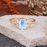 Vintage Leaf 4-Prong Oval Moonstone Engagement Ring for Women